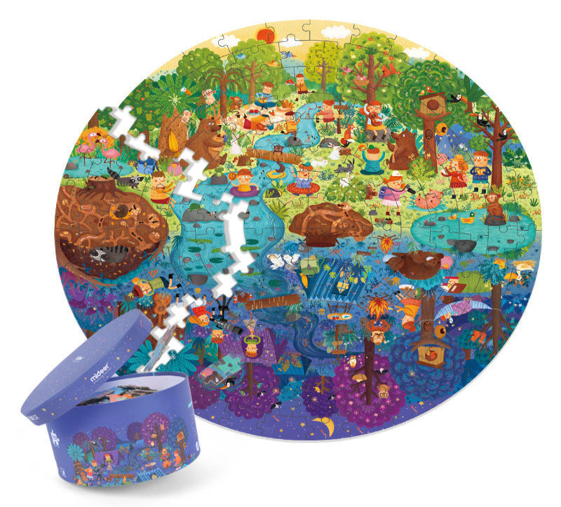 Round children's puzzle with a forest scene and a purple storage box on a white background