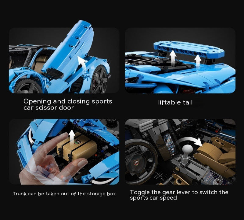 Blue sports car model with features highlighted on a black background