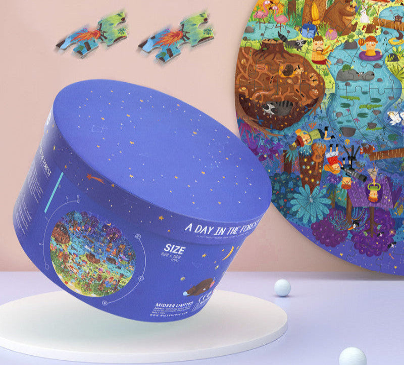 Colorful puzzle with pieces and a blue cylindrical packaging on a light purple background