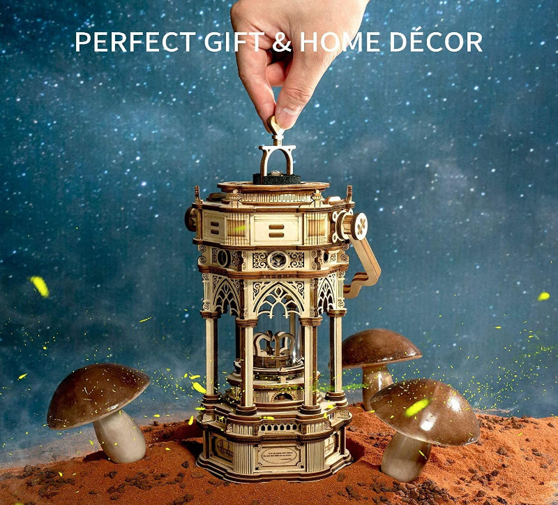 Decorative lantern with mushrooms on a starry night background, labeled as a perfect gift and home decor item.