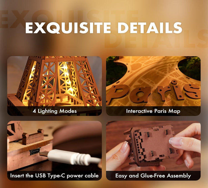 Collage of a wooden model of the Eiffel Tower with lighting modes, an interactive Paris map, USB cable insertion, and assembly details.
