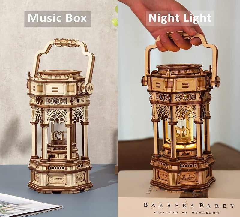 Wooden music box and night light with 'Barbera Barey' branding.