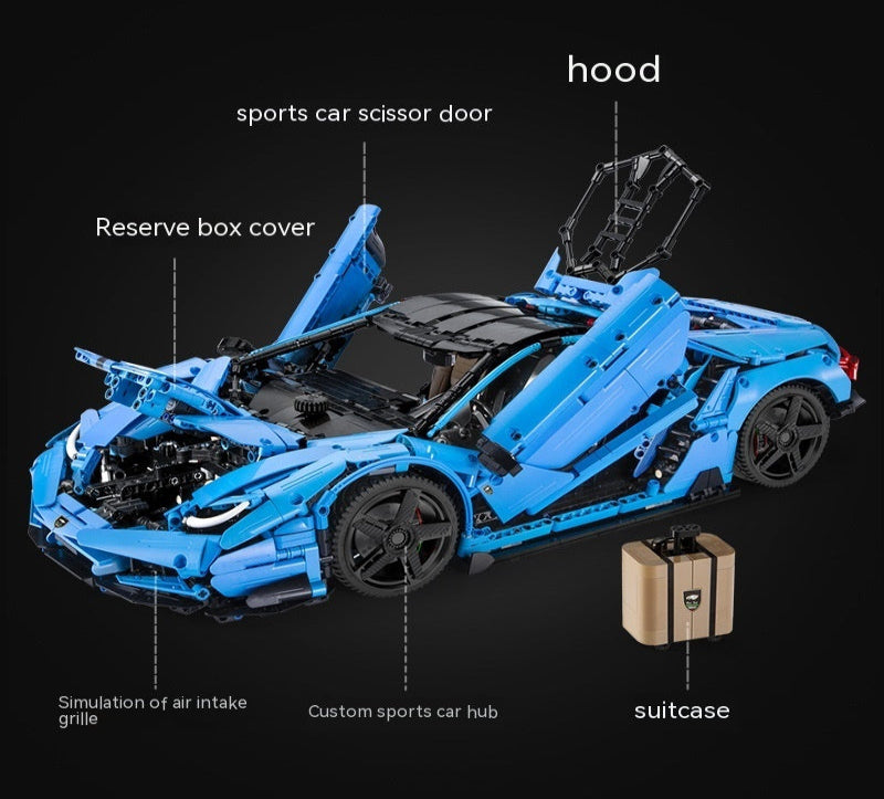 Blue toy car model with labeled parts on a black background