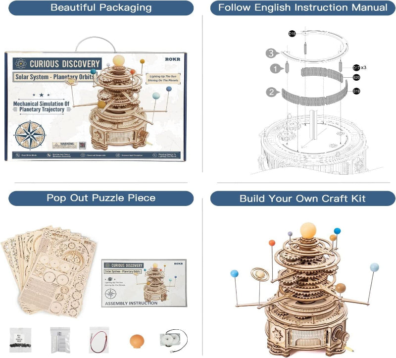 Collage of a Curious Discovery solar system model kit with packaging, assembly instructions, and components.