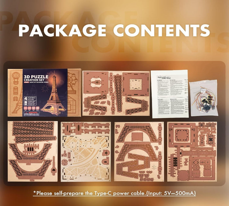 Package contents of a 3D puzzle creation set with various puzzle pieces and instructions on a brown background.