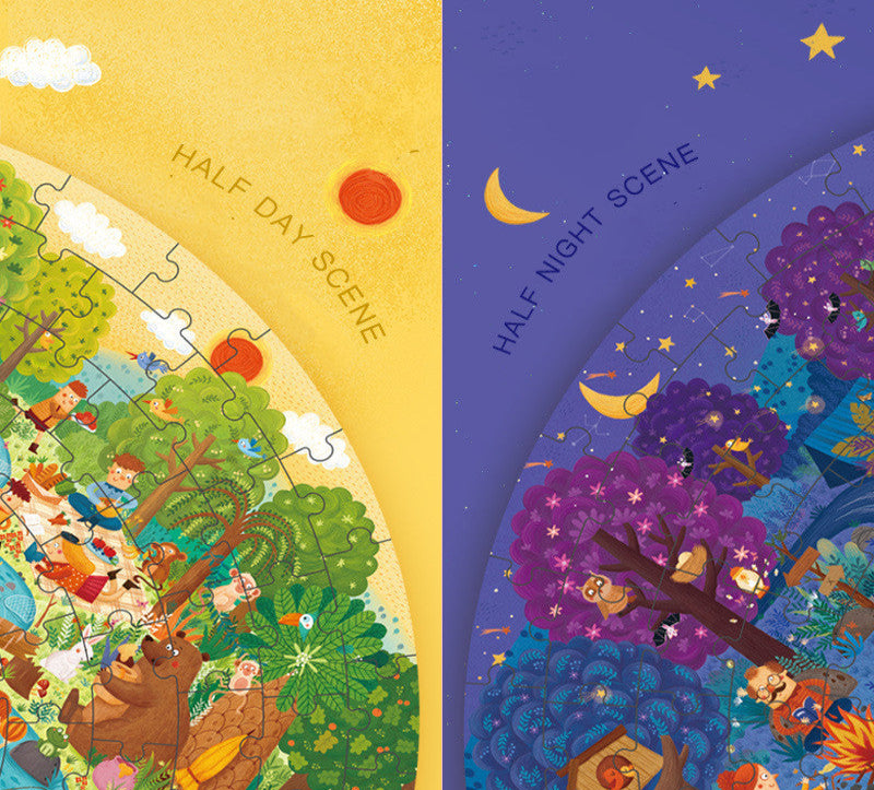 Two halves of a puzzle showing a day and night scene with animals and nature elements.
