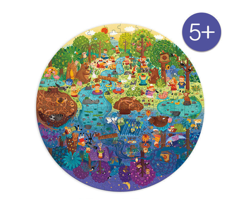 Round children's puzzle with forest scene and animal characters, labeled '5+'.