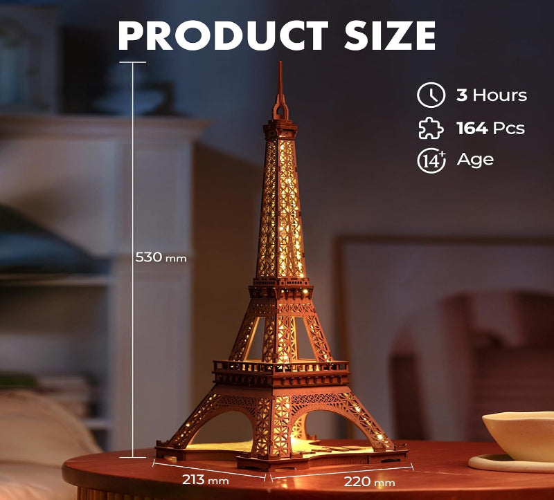Eiffel Tower model with product size details on a blurred background