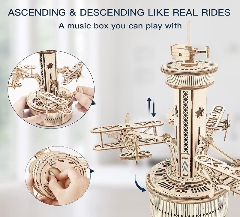 Wooden mechanical model with intricate details and text about its features.