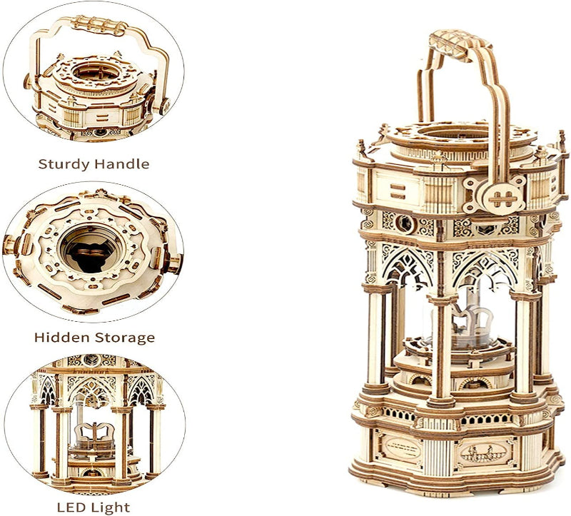 Wooden lantern model with sturdier handle, hidden storage, and LED light features.