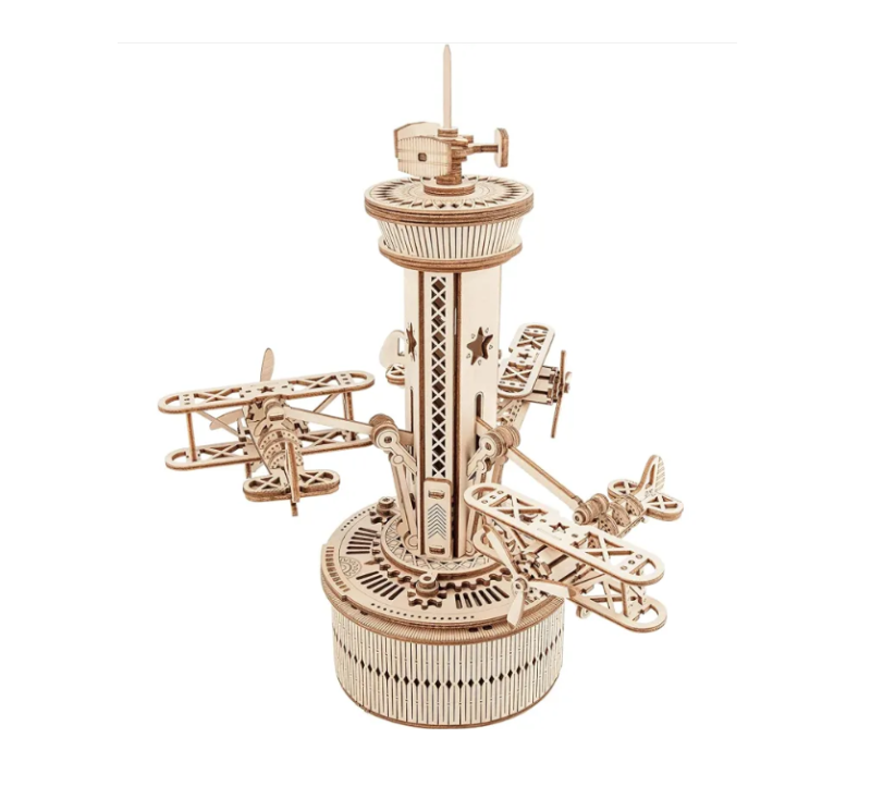 Wooden mechanical model on a white background