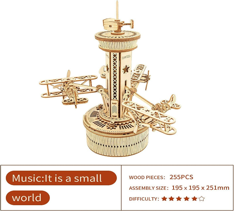 Wooden mechanical model kit with airplanes on a white background