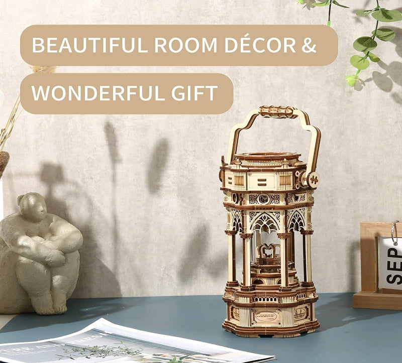 Decorative wooden lantern on a table with text 'Beautiful Room Décor & Wonderful Gift' above it.