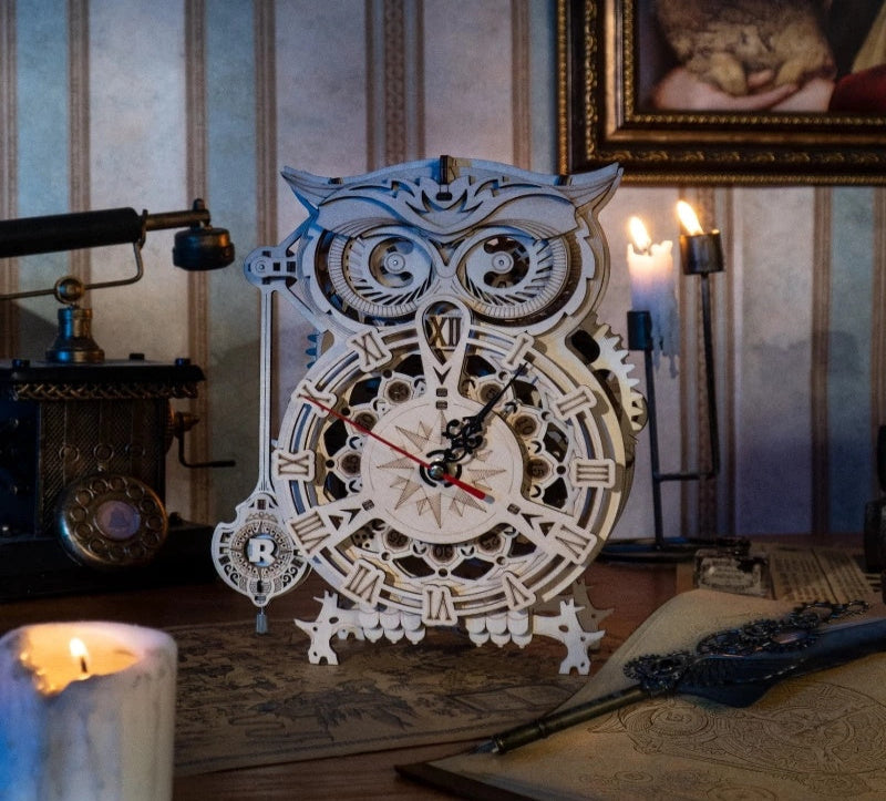 Wooden owl clock with intricate design on a decorative background