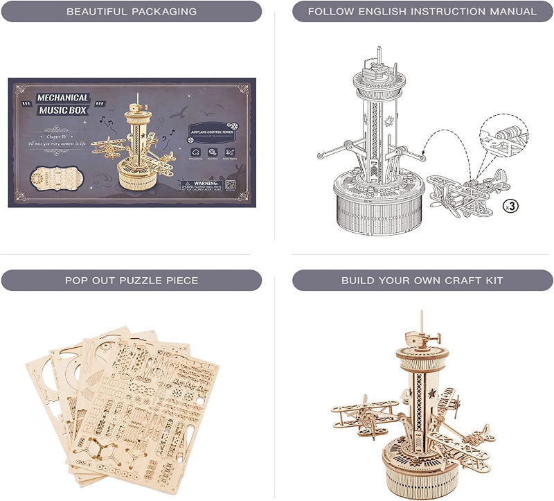 Mechanical music box kit with packaging, instruction manual, and building pieces on a white background.