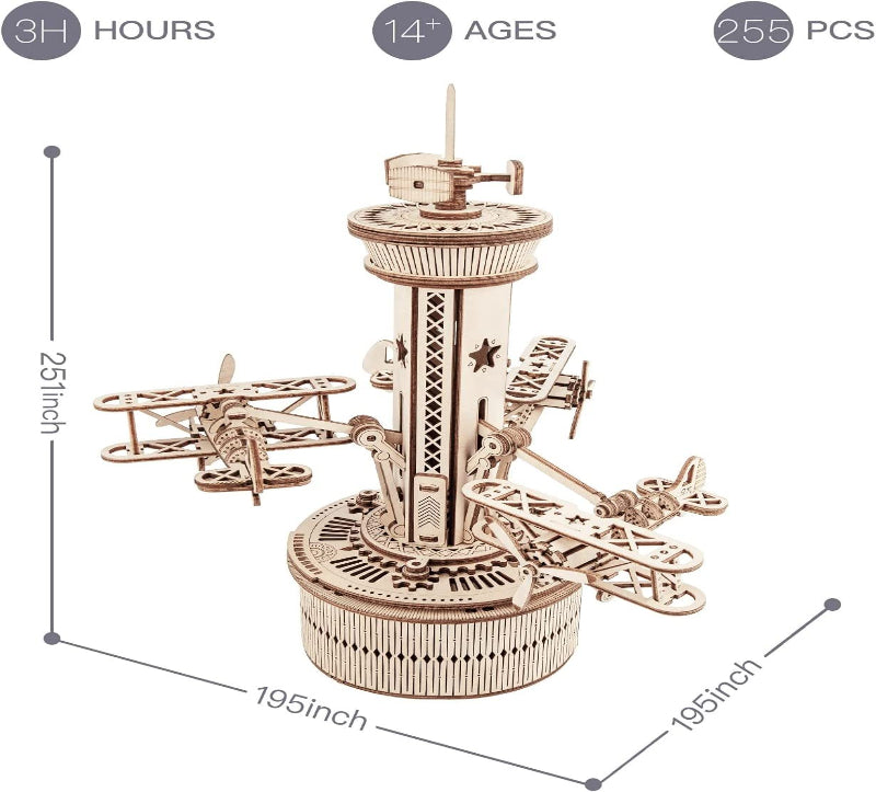 Wooden mechanical model kit with dimensions and product details on a white background