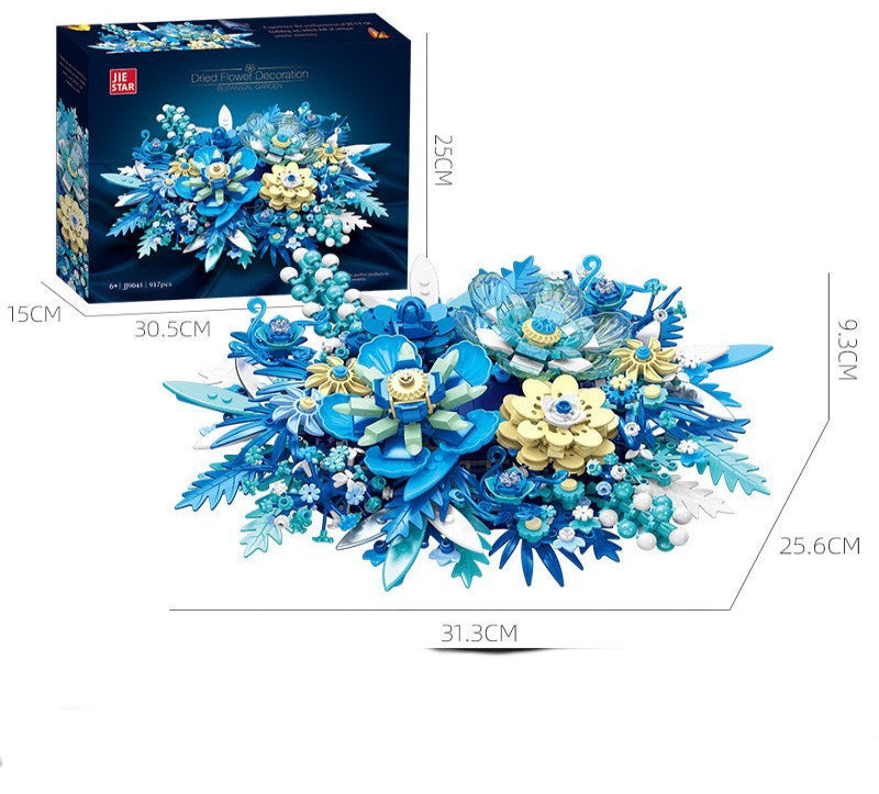 Blue floral arrangement with measurements and packaging on a white background