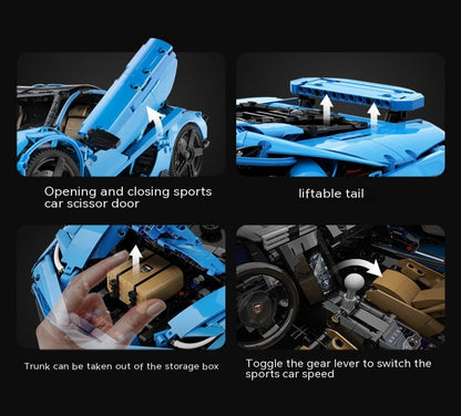 Blue sports car model with features highlighted on a black background