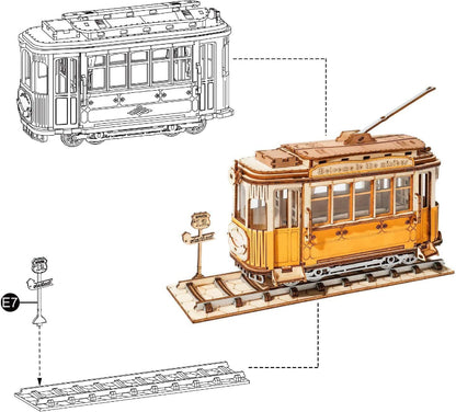 Model of a vintage tram with detailed components on a white background