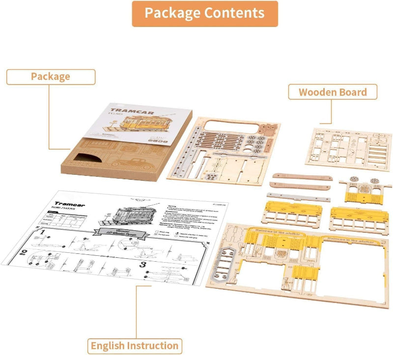 Wooden toy kit with packaging, wooden board, and English instructions on a white background.