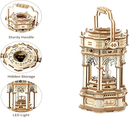 Wooden lantern model with sturdier handle, hidden storage, and LED light features.
