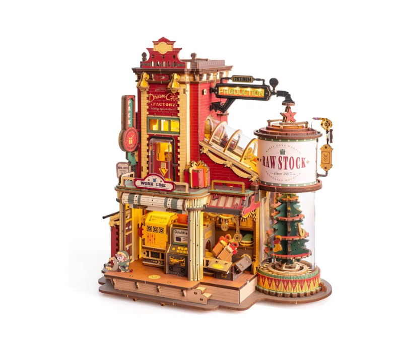 Detailed model of a vintage-style building with mechanical elements on a white background