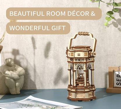 Decorative wooden lantern on a table with text 'Beautiful Room Décor & Wonderful Gift' above it.