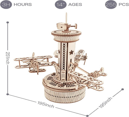 Wooden mechanical model kit with dimensions and product details on a white background